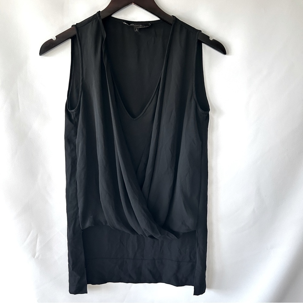BCBGMaxAzria Women’s Black Antonella V-Neck Faux Wrap Hi Low Tank Top Size XXS
